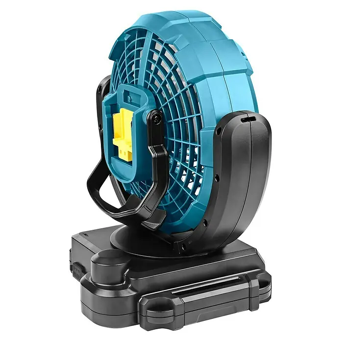 Makita LXT 18V Akku-Ventilator DCF102Z - 18 V, Ohne Akku - Akkubetriebener Ventilator in Blau und Schwarz mit einem gelben Batteriefach. Perfekt für Baustellen und Outdoor-Aktivitäten.