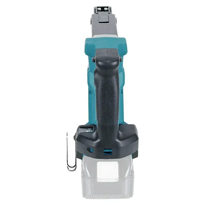 Makita LXT 18V Atornillador para placas de yeso de batería DFR552Z - 18 V, Sin batería, 4.500 r.p.m. - Primer plano de una grapadora inalámbrica Makita con detalles en verde azulado y un mango negro, que ofrece un funcionamiento preciso e inalámbrico.