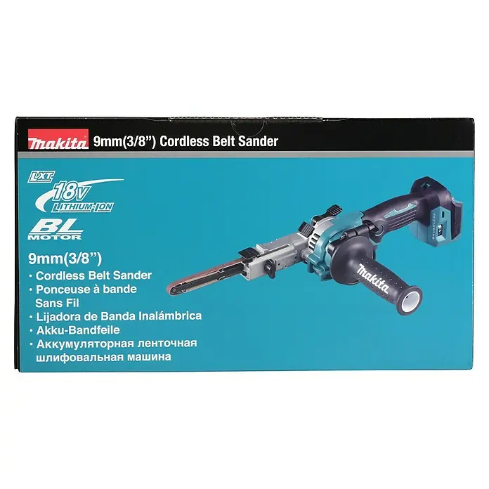 Makita LXT 18V Akku-Bandfeile DBS180Z - 18 V, Ohne Akku, Bandgeschwindigkeit: 600 m/min - 1.700 m/min - Abbildung einer Makita 9mm (3/8") Akku-Bandschleifmaschine, ideal für Schleifarbeiten an schwer zugänglichen Stellen.