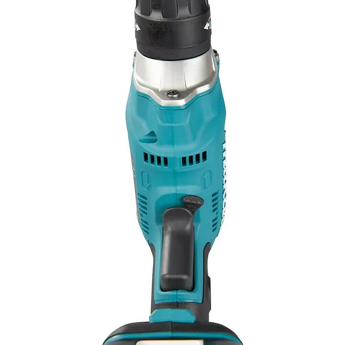 Makita LXT 18V Akkuschrauber DFS452AJX2 - 18 V, 2 Akkus, 2 Ah - Nahaufnahme einer Akku-Bohrmaschine mit Fokus auf Details wie Bohrfutter, Gehäuse und Schalter.