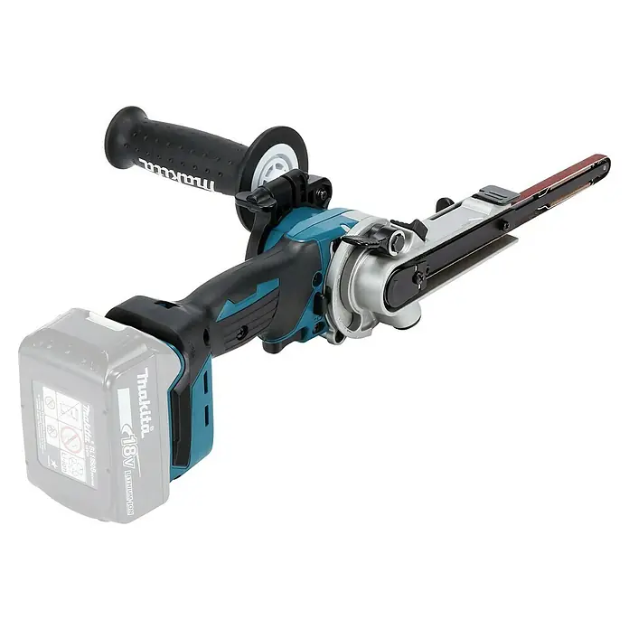 Makita LXT 18V Akku-Bandfeile DBS180Z - 18 V, Ohne Akku, Bandgeschwindigkeit: 600 m/min - 1.700 m/min - Abbildung eines Makita Akku-Bandschleifers mit 18V-Akku, ideal für Arbeiten, die Flexibilität erfordern. Perfekt für Handwerker und Heimwerker.