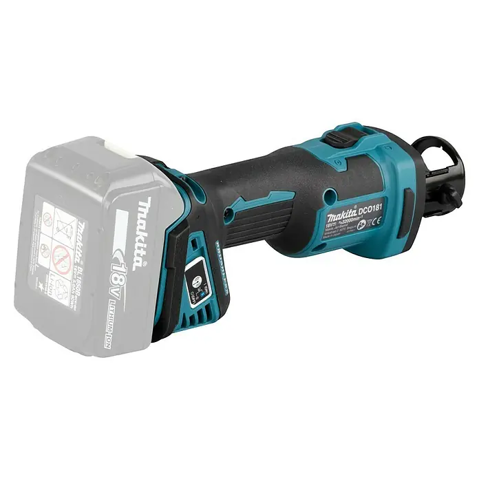 Makita LXT 18V Herramienta rotativa a batería DCO181Z - 18 V, Número de revoluciones de marcha en vacío: 32.000 r.p.m. - Primer plano de la rozadora de metal inalámbrica Makita DCO181 con cuerpo azul y negro y batería de 18 V. Ideal para cortes precisos.