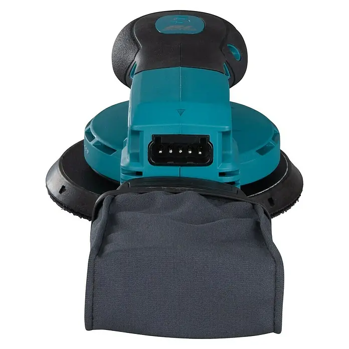 Makita XGT 40V max. Akku-Exzenterschleifer BO002CGZ - 40 V, Ohne Akku, Durchmesser Schleifteller: 150 mm - Nahaufnahme eines Makita Exzenterschleifers mit Staubbeutel, ideal für feine Schleifarbeiten auf verschiedenen Oberflächen.