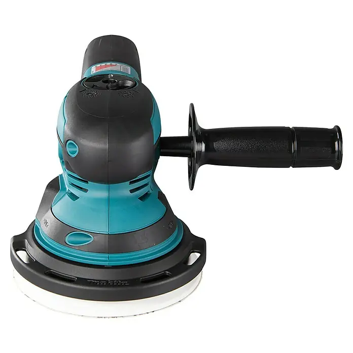 Makita Elektro-Exzenterschleifer BO6050J - 750 W, Durchmesser Schleifteller: 150 mm - Ein genauer Blick auf einen Exzenterschleifer, ein Werkzeug zum Glätten von Oberflächen. Er besticht durch sein ergonomisches Design und blaue Akzente.