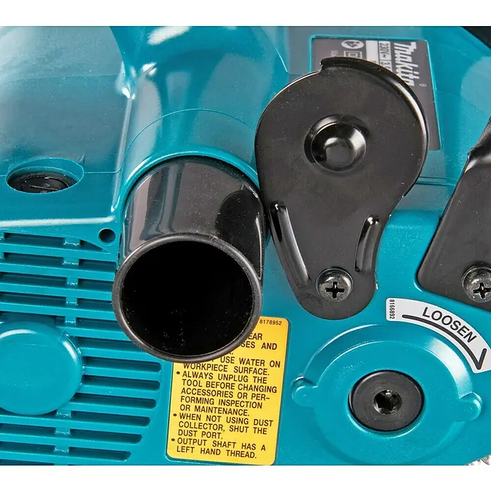 Makita Renovierungsschleifer 9741J - Leerlaufdrehzahl: 3.500 U/min, 860 W - Nahaufnahme einer Makita-Elektrowerkzeugmaschine mit Fokus auf Details wie Anschlüsse und Beschriftungen.