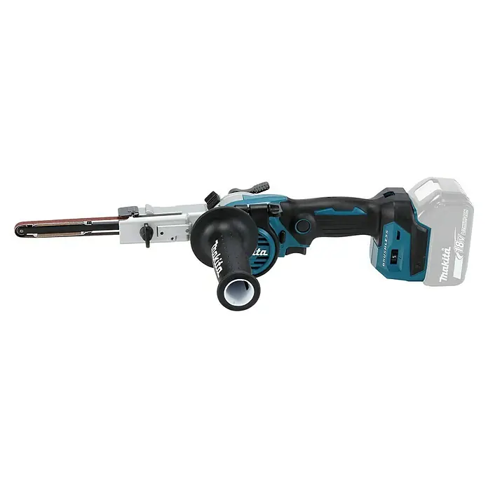Makita LXT 18V Akku-Bandfeile DBS180Z - 18 V, Ohne Akku, Bandgeschwindigkeit: 600 m/min - 1.700 m/min - Das Bild zeigt einen Makita Akku-Bandschleifer für präzises Schleifen in verschiedenen Anwendungen. Das Gerät ist kompakt und leistungsstark.