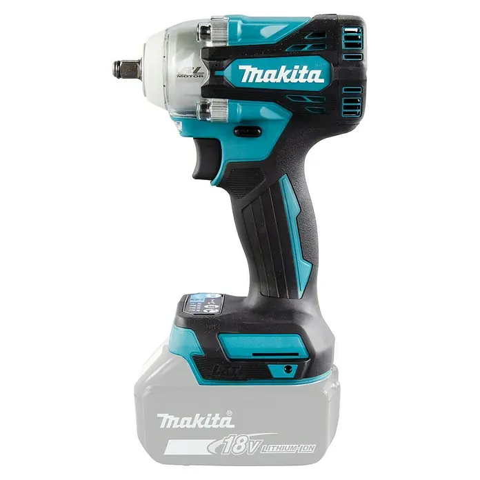 Makita LXT 18V Llave de impacto de batería DTW302 - 18 V, Sin batería, 300 Nm - Imagen de una llave de impacto inalámbrica Makita, verde azulado y negra, con batería. Perfecto para atornillar y sujetar con uso rudo.
