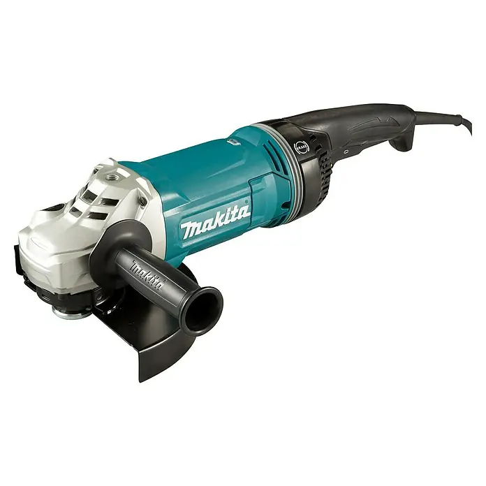 Makita Amoladora angular eléctrica GA9070X1 - 2.800 W, Diámetro disco: 230 mm, Número de revoluciones de marcha en vacío: 6.600 r.p.m. - Esta imagen muestra una amoladora angular Makita en azul y plata, con un mango negro y una empuñadura lateral para un mayor control.