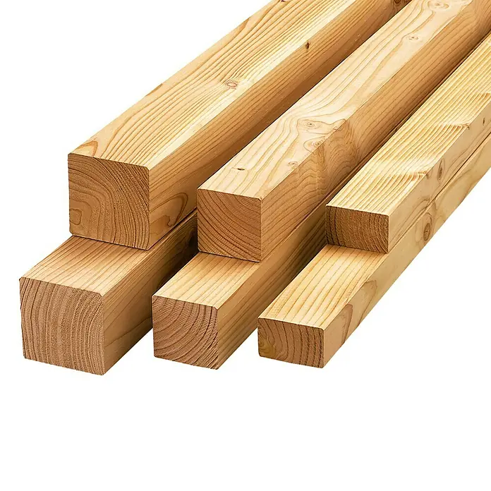 Konstruktionsholz - 400 x 7 x 4,5 cm, Douglasie - Das Bild zeigt einen Stapel von hellbraunen Holzpfosten, die sich ideal für Bauprojekte oder den Heimwerkerbereich eignen.