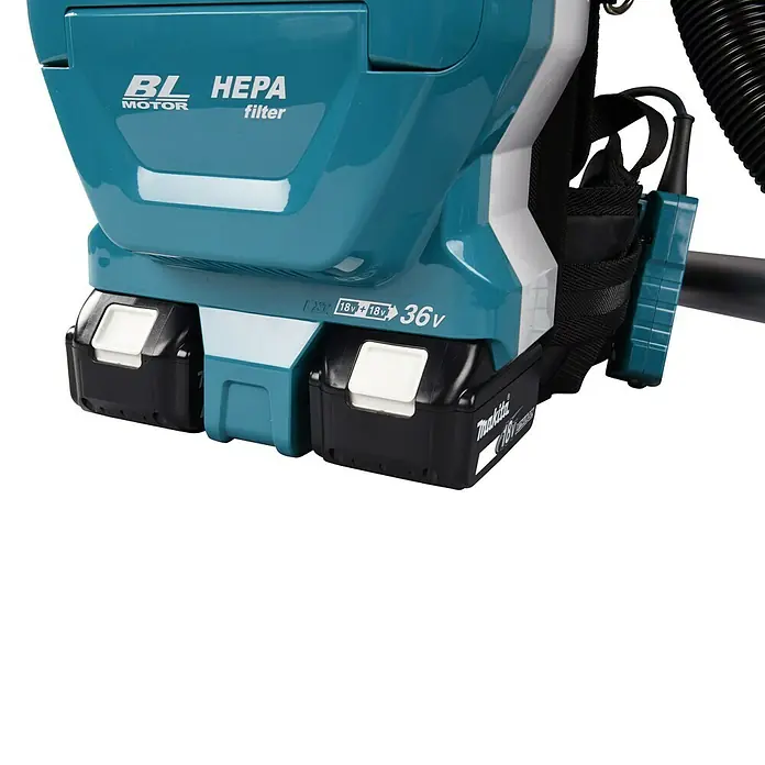 Makita LXT 18V Aspiradora con mochila de batería DVC261ZX15 - 36 V, Sin batería, Volumen de recipiente: 2 l - Una aspiradora inalámbrica de mochila Makita, que funciona con dos baterías de 18V para una potencia total de 36V.