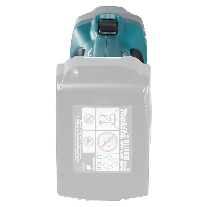 Makita LXT 18V Roedora de chapa DJN161 - 18 V, Sin batería - La imagen muestra una batería Makita BL1860B de 18V y 6.0Ah para herramientas eléctricas, con color azul y gris y símbolos de advertencia.
