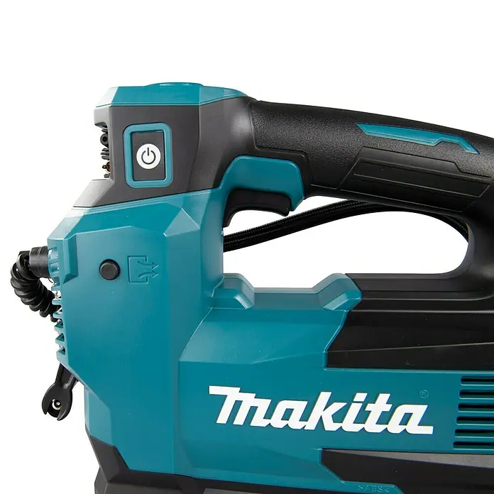 Makita XGT 40V max. Akku-Kompressor MP001GZ - 40 V, Ohne Akku, 11,1 bar - Nahaufnahme eines Makita-Elektrowerkzeugs in den Farben Türkis und Schwarz, das für Bau- oder Heimwerkerprojekte verwendet wird.