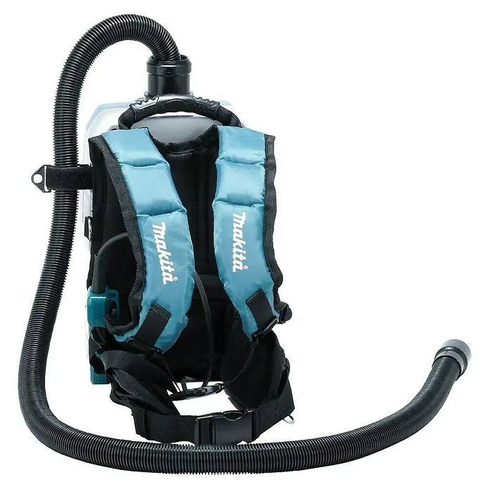 Makita LXT 18V Aspiradora con mochila de batería DVC265ZXU - 36 V, Sin batería, Volumen de recipiente: 2 l - La imagen muestra una aspiradora de mochila inalámbrica Makita con correas azules y negras y una manguera de succión flexible.