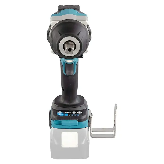Makita LXT 18V Akku-Schlagschrauber DTW701Z + Artikelnr. 33855482 hinzufügen* - 18 V, Ohne Akku, 700 Nm - Nahaufnahme eines Akku-Schlagschraubers mit hellblauen Akzenten, der auf einer Arbeitsfläche steht. Die Konstruktion ist robust und präzise.