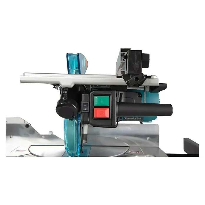 Makita Kapp- & Gehrungssäge LH1040F - 1.650 W, Durchmesser Sägeblatt: 260 mm, Leerlaufdrehzahl: 0 U/min - 4.800 U/min - Detailansicht einer Makita Kapp- und Gehrungssäge mit Bedienelementen und Schaltern.