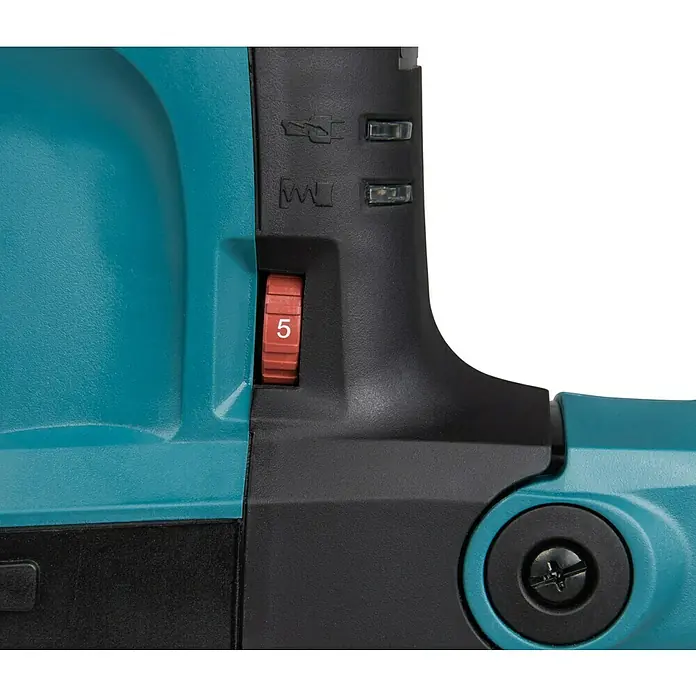 Makita Kombihammer HR3210FCT - 850 W, 4,9 J, SDS-Plus-Aufnahme - Nahaufnahme einer Bohrmaschine mit einem roten Schalter auf Stufe 5, der die verschiedenen Leistungsstufen anzeigt.