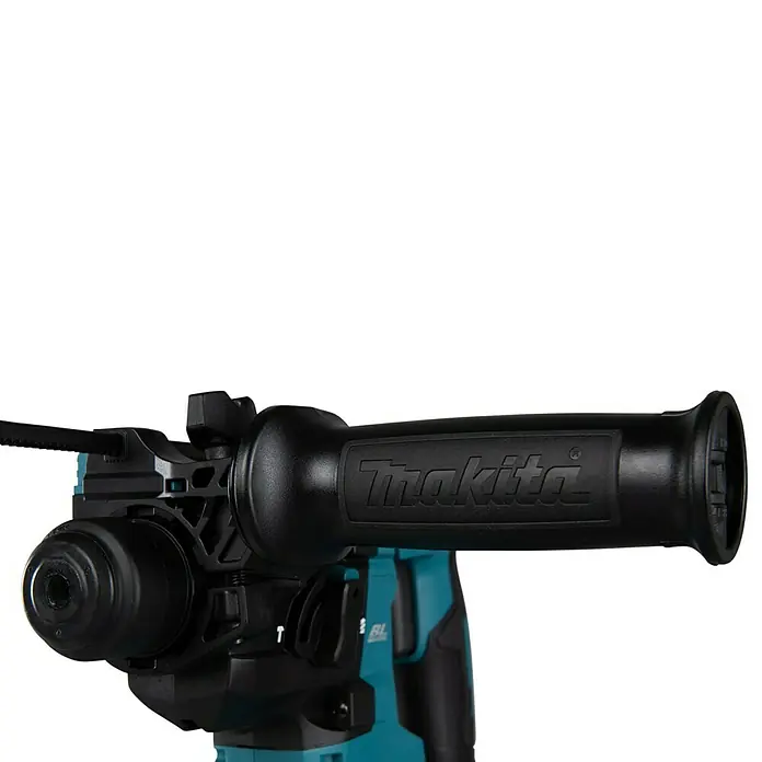Makita XGT 40V max. Akku-Kombihammer HR010GZ - 40 V, Ohne Akku, 2,1 J - Nahaufnahme eines Makita Bohrhammers mit einem schwarzen Handgriff, der den Markennamen trägt.