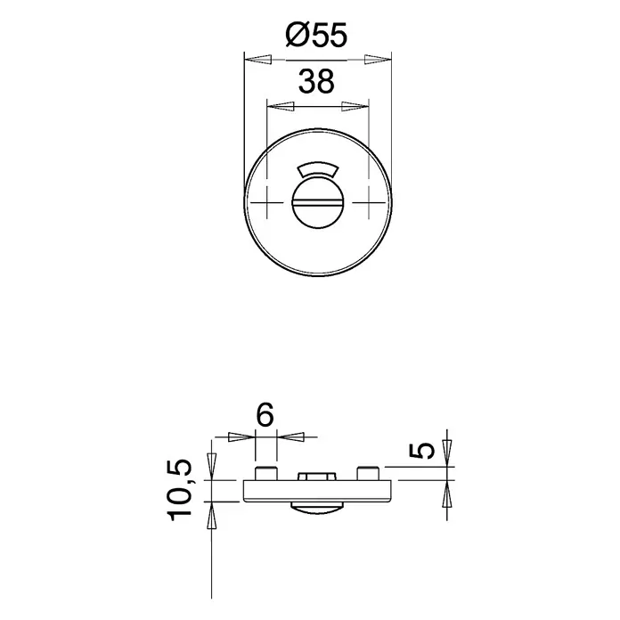 Portaferm Schlüsselschild WC - Durchmesser Rosette: 55 mm, Schlitzkopf/Olive, Weiß - Schemazeichnung einer runden WC-Rosette mit den Durchmessern Ø55 und 38 mm sowie Höhenmaßen von 10,5 und 5 mm und einer Breite von 6 mm.