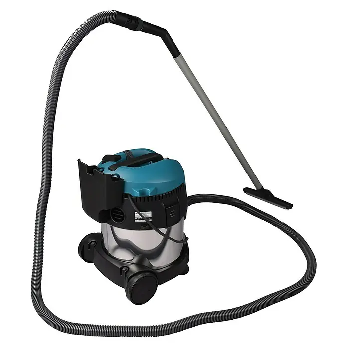 Makita Aspirador en seco y húmedo VC2012L - 1.000 W, 20 l - Aspiradora para líquidos y sólidos con tapa azul, recipiente plateado y accesorios negros para tareas de limpieza versátiles.