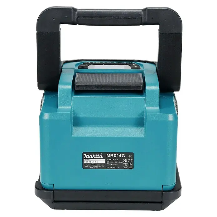 Makita Bluetooth-Lautsprecher MR014GZ - 40 V, Ohne Akku - Nahaufnahme des Makita MR014G Akku-Baustellenradios in Türkis mit schwarzem Tragegriff, ideal für den Einsatz auf Baustellen.