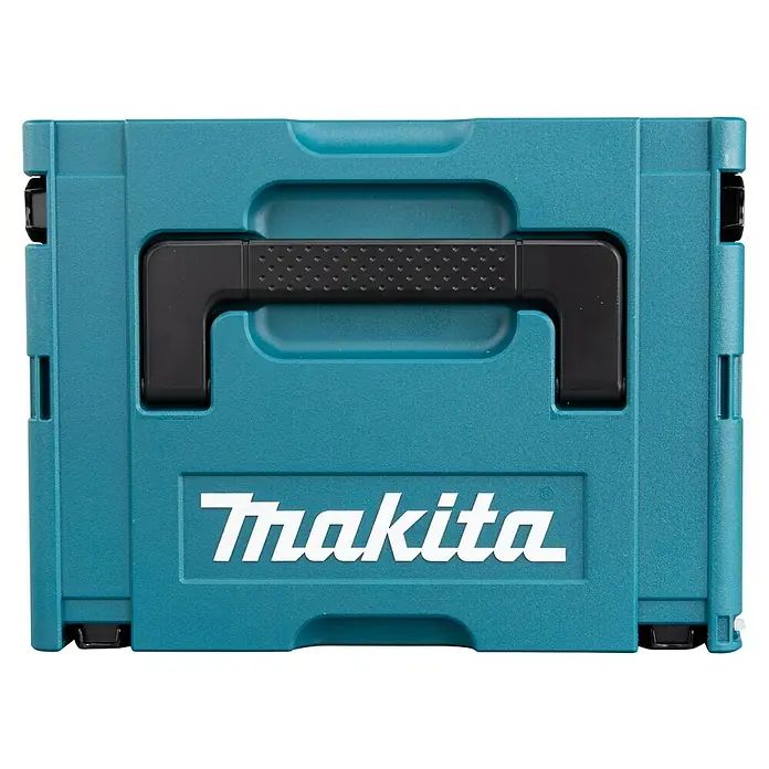 Makita Fresadora eléctrica RT0702CX2J - 710 W, 10.000 r.p.m. - 34.000 r.p.m., Diámetro del portaherramientas: 6 mm - 8 mm - Primer plano de una caja de herramientas turquesa Makita con asa negra, ideal para almacenar y transportar herramientas.
