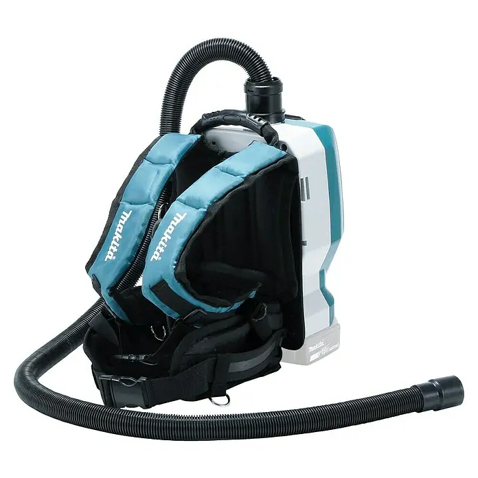 Makita LXT 18V Aspiradora con mochila de batería DVC265ZXU - 36 V, Sin batería, Volumen de recipiente: 2 l - Aquí hay una aspiradora de mochila inalámbrica Makita. Cuenta con una manguera y una correa de transporte.