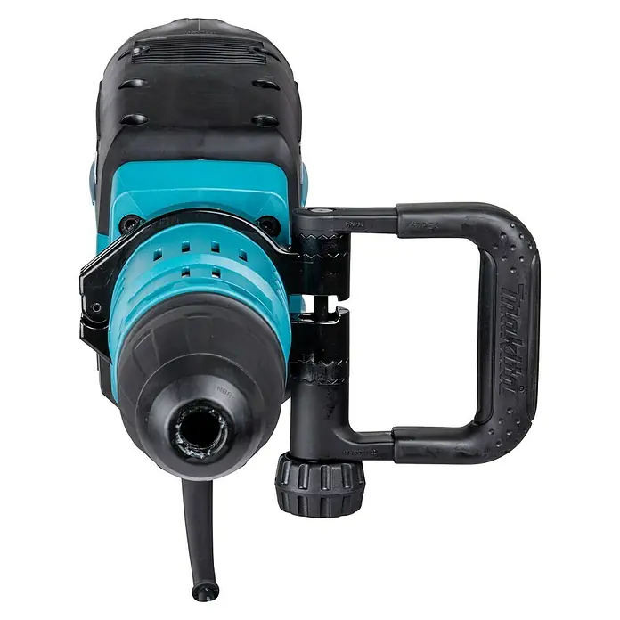 Makita Abbruchhammer HM1214C - 1.510 W, 19,9 J, SDS-Max-Aufnahme - Nahaufnahme eines Makita-Bohrhammers in Schwarz und Türkis, der sich ideal für schwere Bauarbeiten und Heimwerkerprojekte eignet.