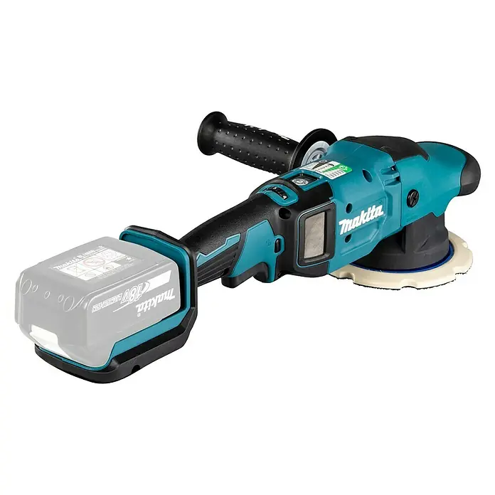 Makita LXT 18V Pulidora excéntrica de batería DPO600 - 18 V, Sin batería, Diámetro plato de pulir: 150 mm - Imagen de una pulidora inalámbrica Makita con mango lateral y boina de pulido.