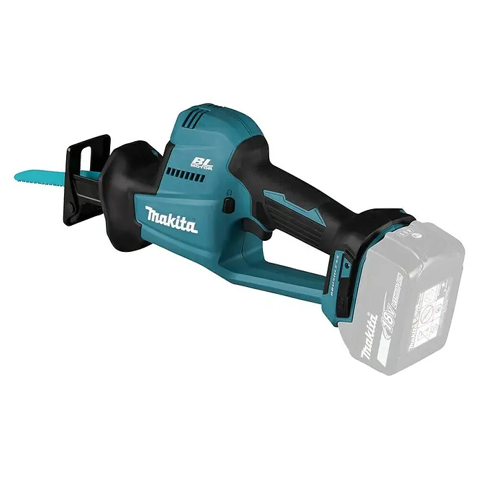 Makita LXT 18V Sierra de sable de batería DJR189 - 18 V, Sin batería - Sierra de podar a batería de Makita con carcasa verde azulado y batería. Ideal para trabajos de jardinería.