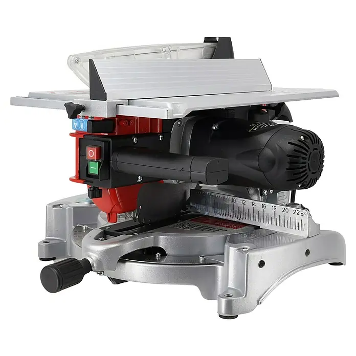Stayer Sierra ingletadora SC2600W - 1.900 W, Diámetro hoja de sierra: 250 mm, Número de revoluciones de marcha en vacío: 4.700 r.p.m. - Un primer plano de una sierra ingletadora, que muestra la precisión de la herramienta para los cortes de madera. Ofrece versatilidad y precisión.