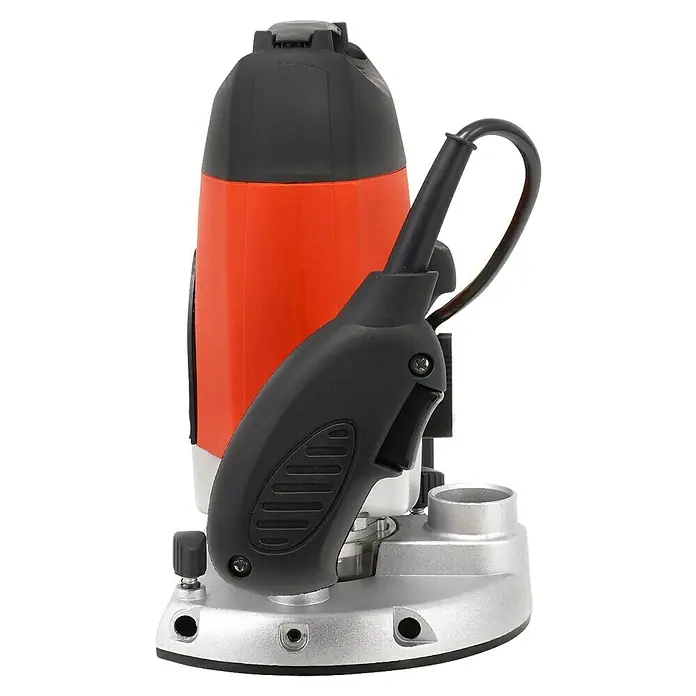 Stayer Fresadora eléctrica PR10EK - 1.800 W, 8 r.p.m. - 30.000 r.p.m. - Primer plano de una fresadora eléctrica de madera con cuerpo rojo y mango negro.