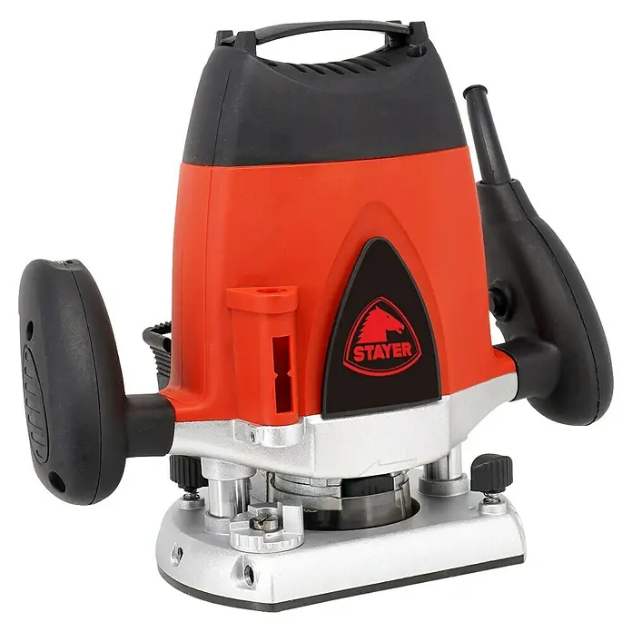 Stayer Fresadora eléctrica PR10EK - 1.800 W, 8 r.p.m. - 30.000 r.p.m. - Imagen de una fresadora vertical Stayer en naranja, negro y plata. Ideal para trabajos de madera precisos y proyectos versátiles.