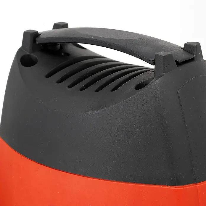 Stayer Fresadora eléctrica PR10EK - 1.800 W, 8 r.p.m. - 30.000 r.p.m. - Primer plano de una aspiradora naranja y negra, que muestra un mango negro y ranuras de ventilación.
