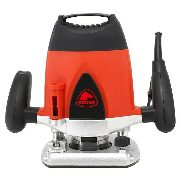 Stayer Fresadora eléctrica PR10EK - 1.800 W, 8 r.p.m. - 30.000 r.p.m. - Primer plano de una fresadora vertical Stayer roja y negra con base plateada, perfecta para trabajos de carpintería de precisión.