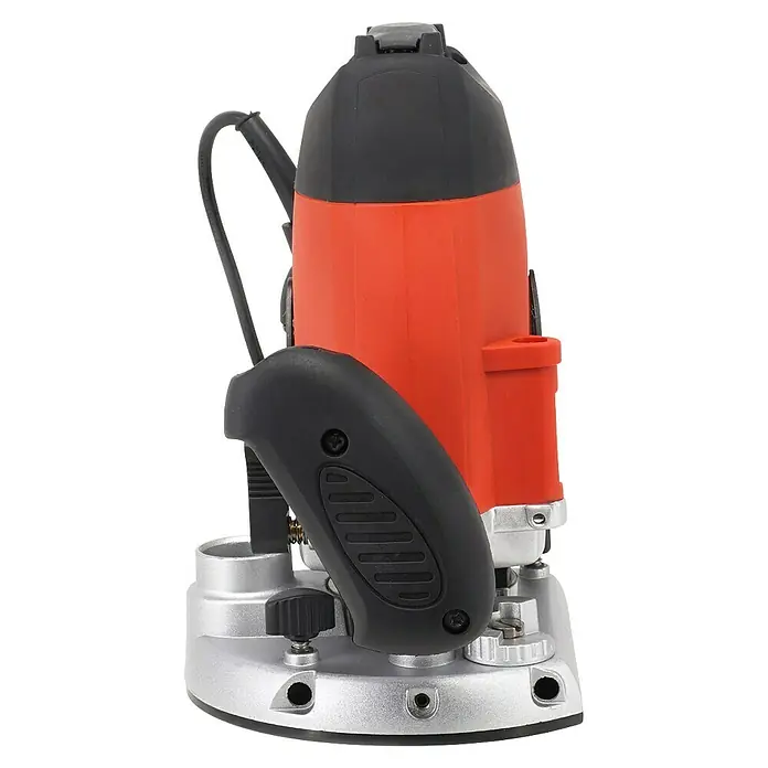 Stayer Fresadora eléctrica PR10EK - 1.800 W, 8 r.p.m. - 30.000 r.p.m. - Primer plano de una fresadora vertical roja y negra con base plateada, que muestra una herramienta profesional para la carpintería.