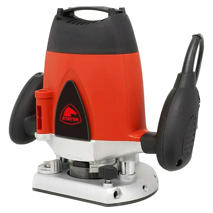 Stayer Fresadora eléctrica PR10EK - 1.800 W, 8 r.p.m. - 30.000 r.p.m. - Un primer plano de una fresadora vertical roja con mango negro y base plateada, una herramienta para proyectos de carpintería.
