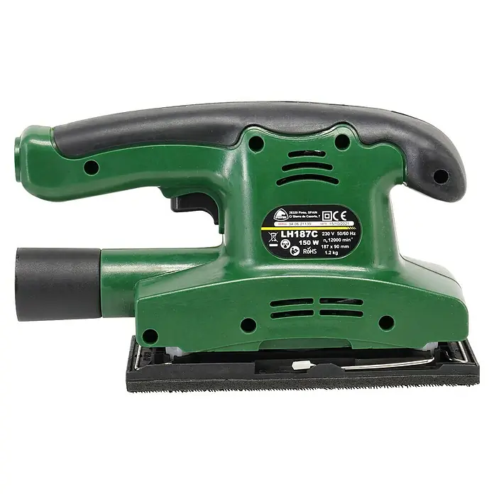 Stayer Lijadora orbital eléctrica LH187C - 150 W, Número de oscilaciones marcha en vacío: 1.200 r.p.m. - Vista detallada de una lijadora orbital eléctrica verde con mango negro, diseñada para el lijado fino de superficies.