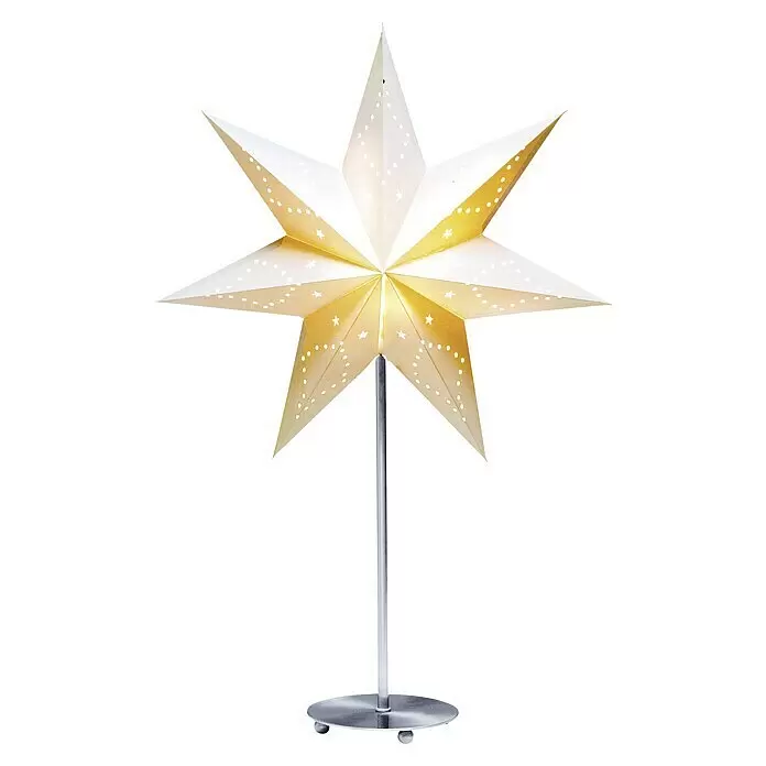 Markslöjd Standstern Saturnus - Ø x H: 45 x 66 cm, Weiß, Netzbetrieben - Beleuchtete weiß-gelbe sternförmige Papierlampe auf einem silbernen Metallständer mit rundem Fuß.