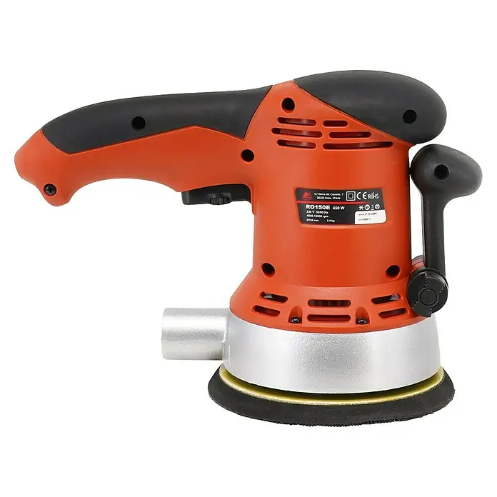 Stayer Lijadora excéntrica eléctrica RO150E - 450 W, Diámetro disco de lija: 150 mm - Lijadora orbital roja con mango negro y plato de lijado plateado. Ideal para lijar superficies.