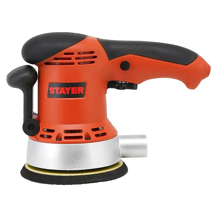 Stayer Lijadora excéntrica eléctrica RO150E - 450 W, Diámetro disco de lija: 150 mm - Detalle de una lijadora excéntrica STAYER naranja y negra con una base de lijado plateada. Ideal para trabajos de lijado de precisión.