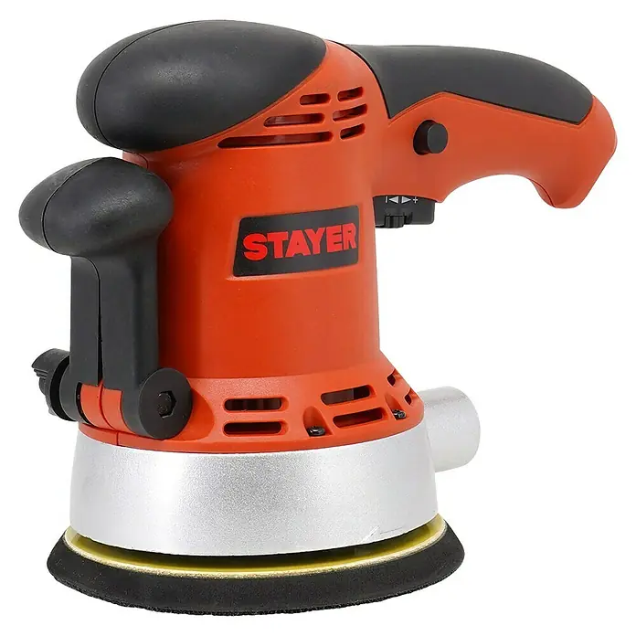 Stayer Lijadora excéntrica eléctrica RO150E - 450 W, Diámetro disco de lija: 150 mm - Primer plano de una lijadora orbital aleatoria STAYER naranja y negra, perfecta para tareas de lijado precisas.