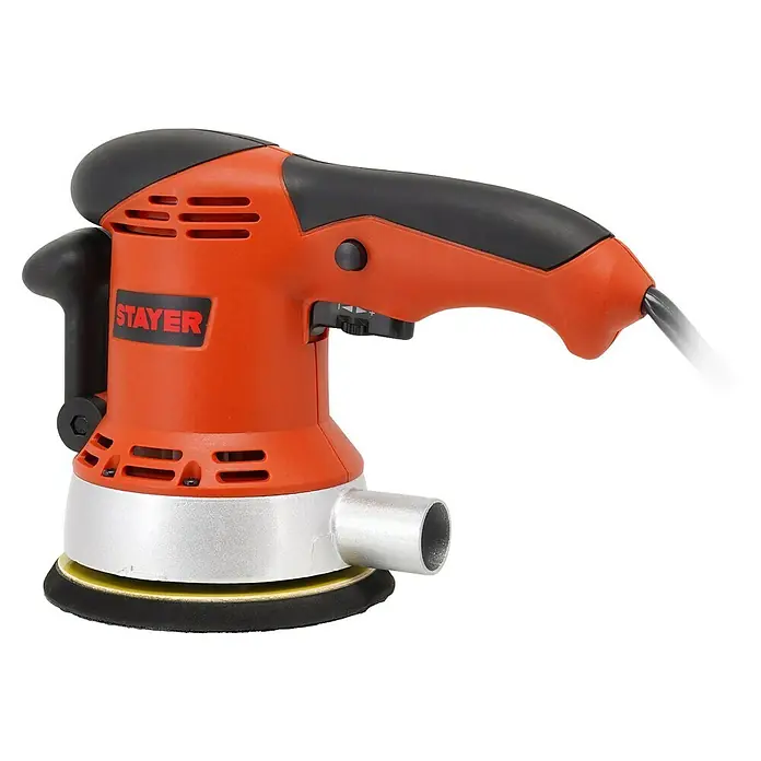 Stayer Lijadora excéntrica eléctrica RO150E - 450 W, Diámetro disco de lija: 150 mm - Primer plano de una lijadora orbital aleatoria Stayer naranja y negra, ideal para tareas de lijado con resultados precisos.