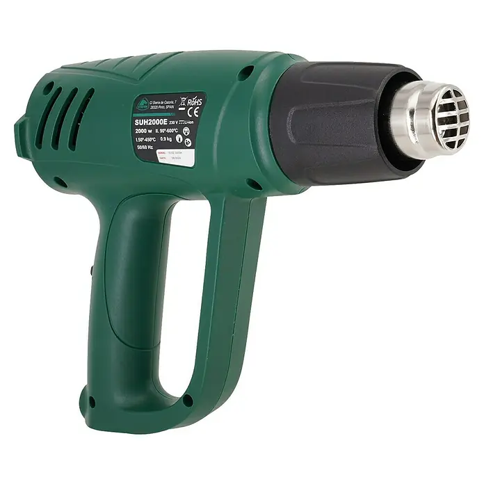 Stayer Pistola de aire caliente SUH2000EK - 2.000 W, 50 °C - 600 °C - Pistola de calor verde SUH2000E con boquilla negra y rejilla plateada, ideal para proyectos de bricolaje y manualidades.