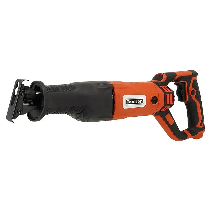 Toolson PRO Sierra de sable SSH 210 - 900 W, Número de carreras marcha en vacío: 3.000 /min - En la imagen, una herramienta eléctrica Toolson, una robusta sierra de sable en naranja y negro, ideal para diversas tareas de corte.