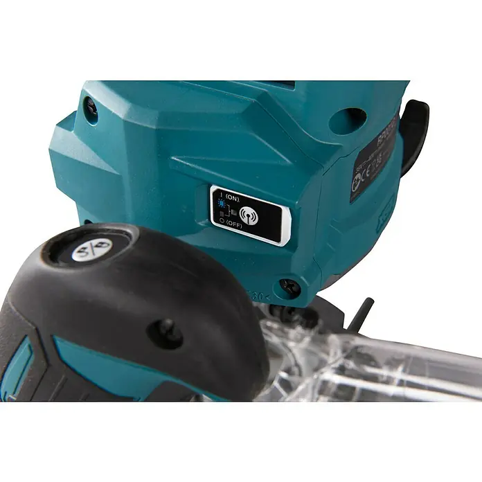 Makita Oberfräse RP001GZ - 40 V, 1 Akku - Detailaufnahme eines blauen Makita-Elektrowerkzeugs mit Bedienelementen und Schaltern für verschiedene Funktionen.