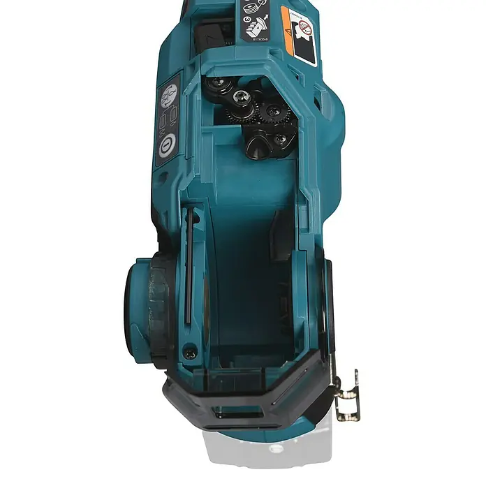 Makita LXT 18V Akku-Bewehrungsverbinder DTR181ZJ - 18 V, Ohne Akku - Nahaufnahme eines Makita-Elektrowerkzeugs in Türkis, das Details des Designs und der Mechanik zeigt.