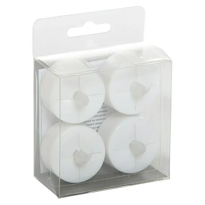 Velas LED Nele - Ø x Al: 3,8 x 3,5 cm, Blanco, 4 ud. - Un paquete de plástico transparente que contiene cuatro velas de té LED redondas blancas. Perfecto para crear un ambiente acogedor.