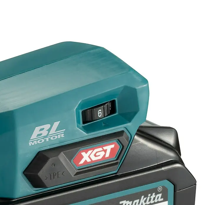 Makita XGT 40V max. Akku-Pendelhubstichsäge JV001GZ - 40 V, Ohne Akku, Leerlaufhubzahl: 800 /min - 3.500 /min - Detailaufnahme eines Makita XGT Akku-Werkzeugs mit BL Motor, Geschwindigkeitsregler auf Stufe 6.