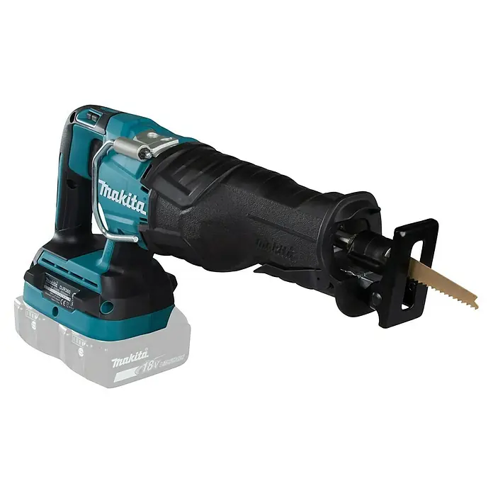 Makita LXT 18V Sierra de sable de batería DJR360ZK - 36 V, Sin batería - Imagen de una sierra de vaivén inalámbrica Makita DJR360 en verde azulado y negro con la hoja insertada, ideal para un uso flexible en obras.