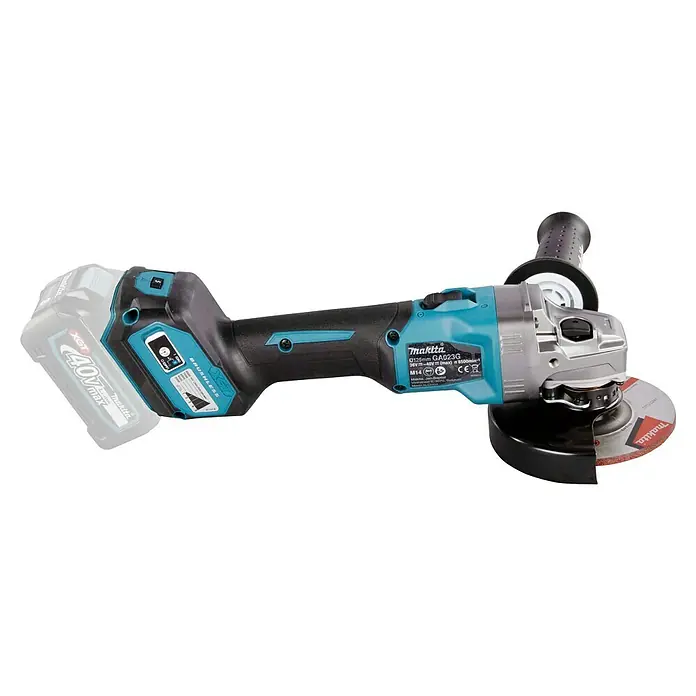 Makita XGT 40V max. Amoladora angular de batería GA023GZ - 40 V, Sin batería - Amoladora angular inalámbrica Makita con la inscripción XGT 40V max. Una herramienta robusta y potente para tareas de esmerilado versátiles.